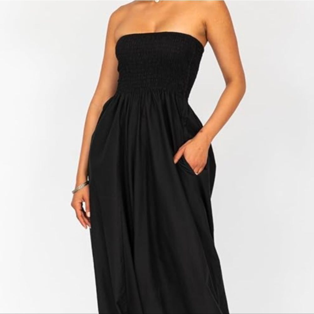 Vintage 70s‎ Black Nylon Strapless Harem Jumpsuit Sequin Bodice